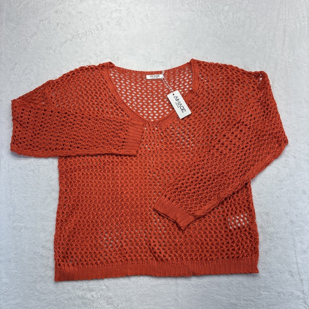 AIMAGE Open-Knit Beach Cover-Up Top Womens Medium Orange Long Sleeve Crochet NWT
